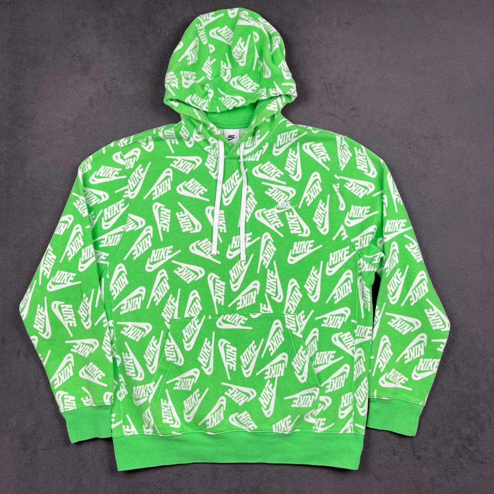 Nike Hoodie Mens Large Green All Over Logo Print Pullover Sweatshirt DD4847-362